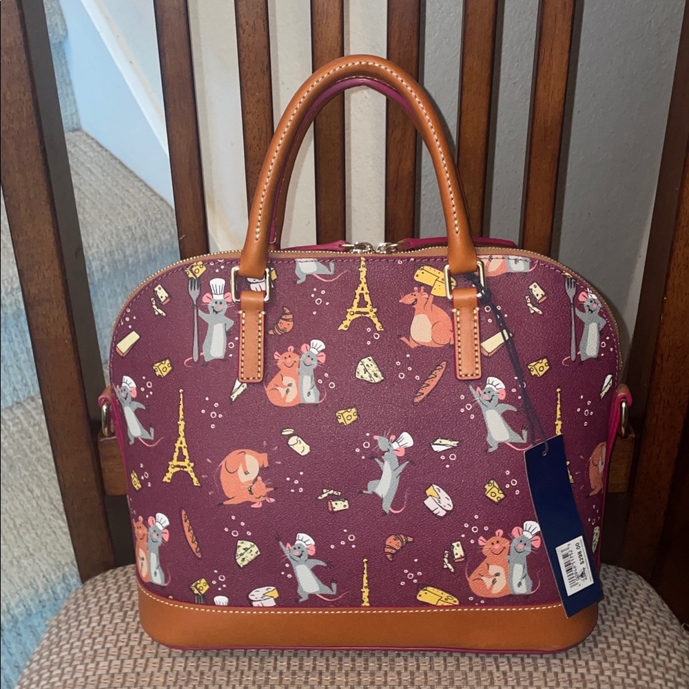 Dooney & Bourke Burgundy Parisian Print Satchel with Tan Trim - Picture 2 of 7